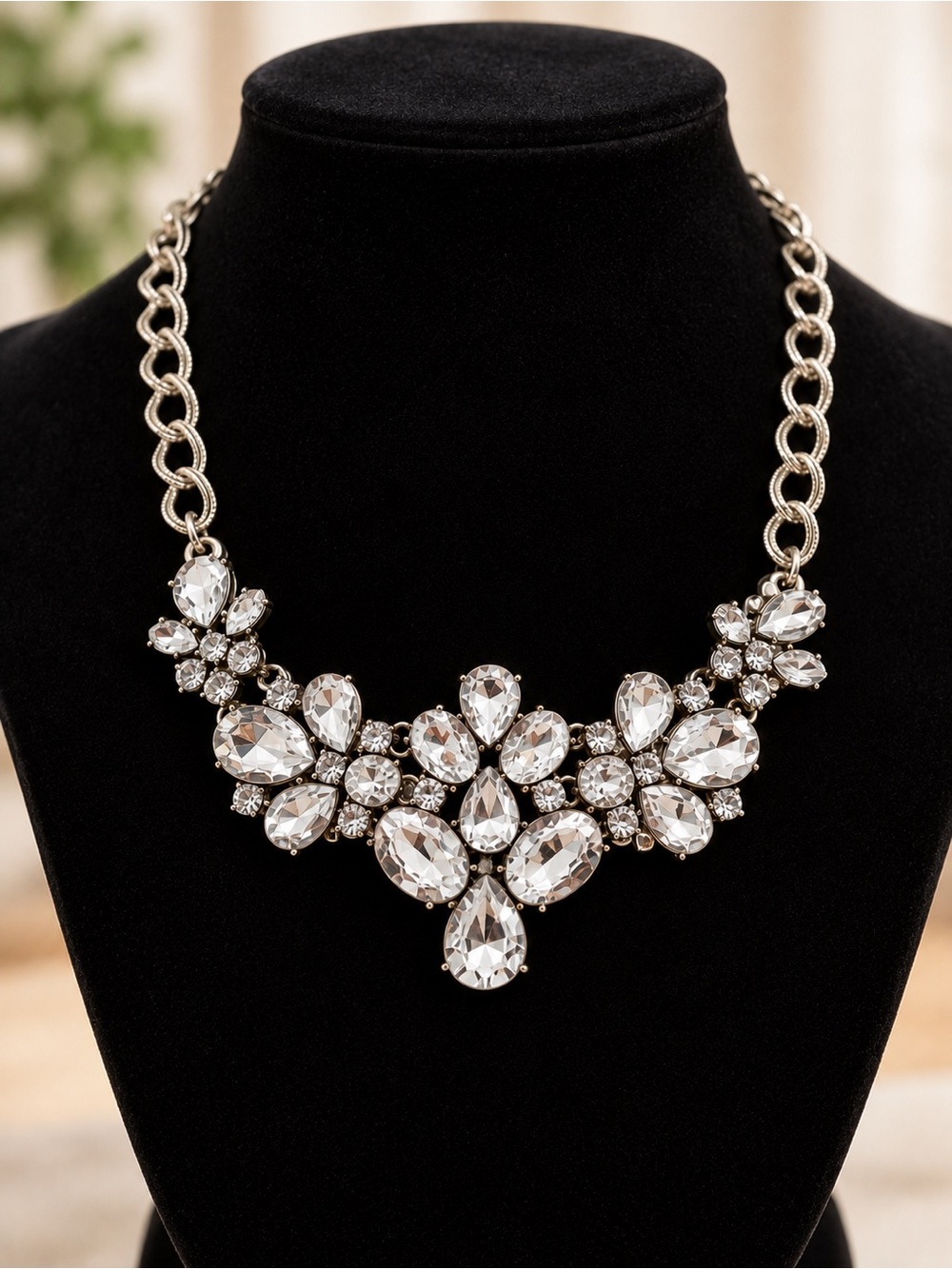 Silver Tone Clear Rhinestone Crystal Statement Necklace Bridal